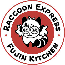 Parody logo, Boba Express as an homage to Panda Express. A black & white Boba-tan sits in the center of a red circle, ringed by additional white concentric circle with a red outline containing black text that reads Raccoon Express - Fujin Kitchen. Her striped raccoon tail curls around her.